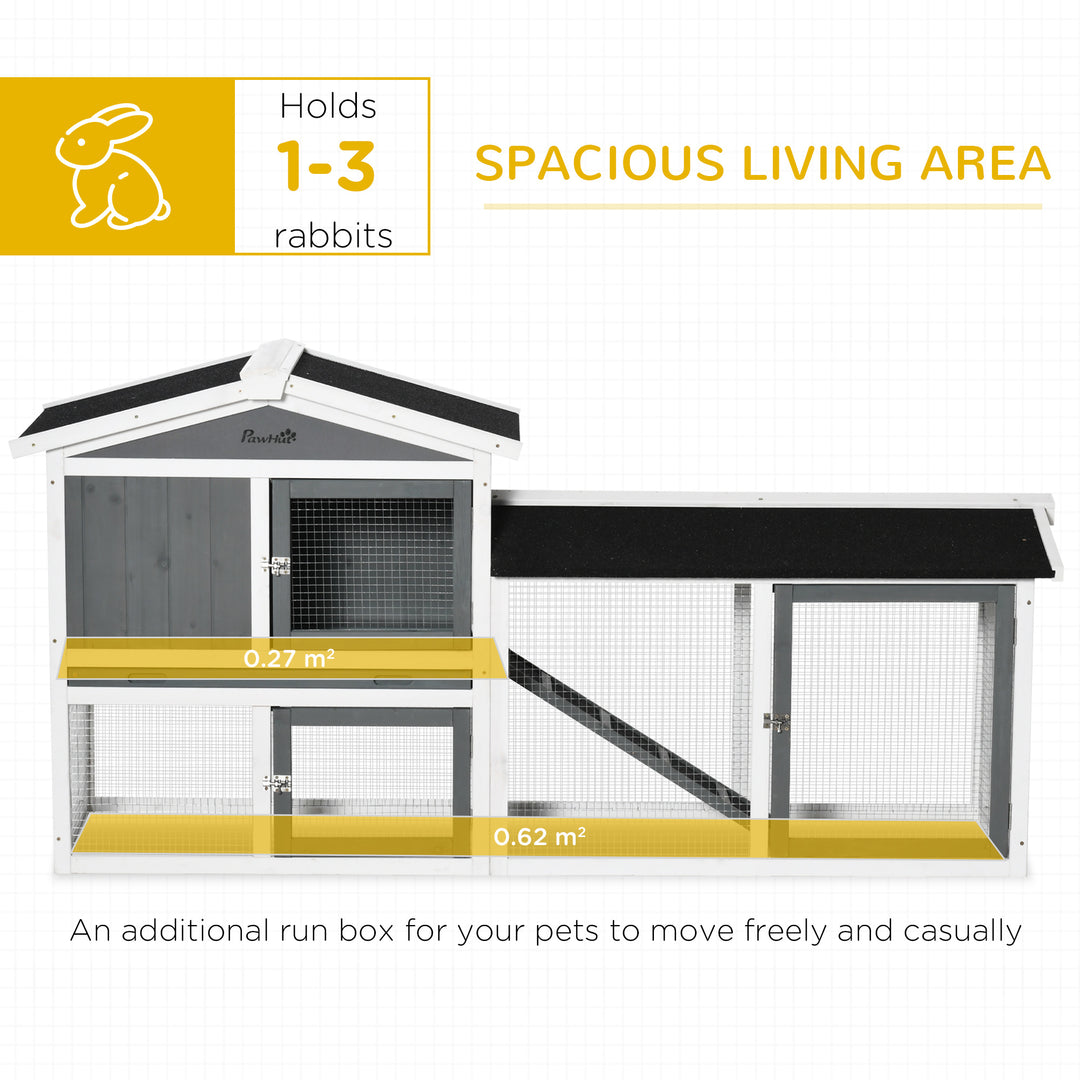 PawHut 2 Tier Wooden Rabbit Hutch, Guinea Pig Cage, Bunny Run, Small Animal House with Run Box, Slide-out Tray, 175.8 x 52 x 85.5cm, White