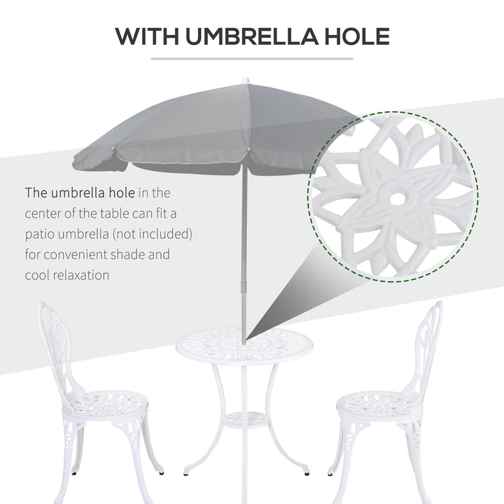 3 Piece Patio Bistro Set for 2, Outdoor Aluminium Garden Table and Chairs with Umbrella Hole for Balcony, White