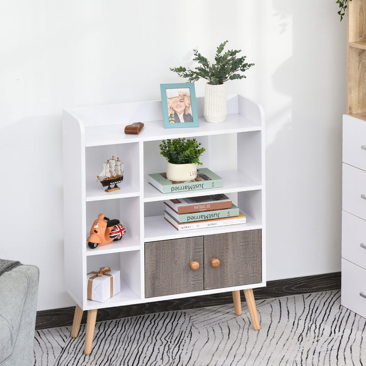 MCL Bookcase, Freestanding Book Shelf with Storage Cabinet, 6 Shelves and Wood Legs for Home Office Display, White and Grey, 24D x 71.8W x 90.8H cm