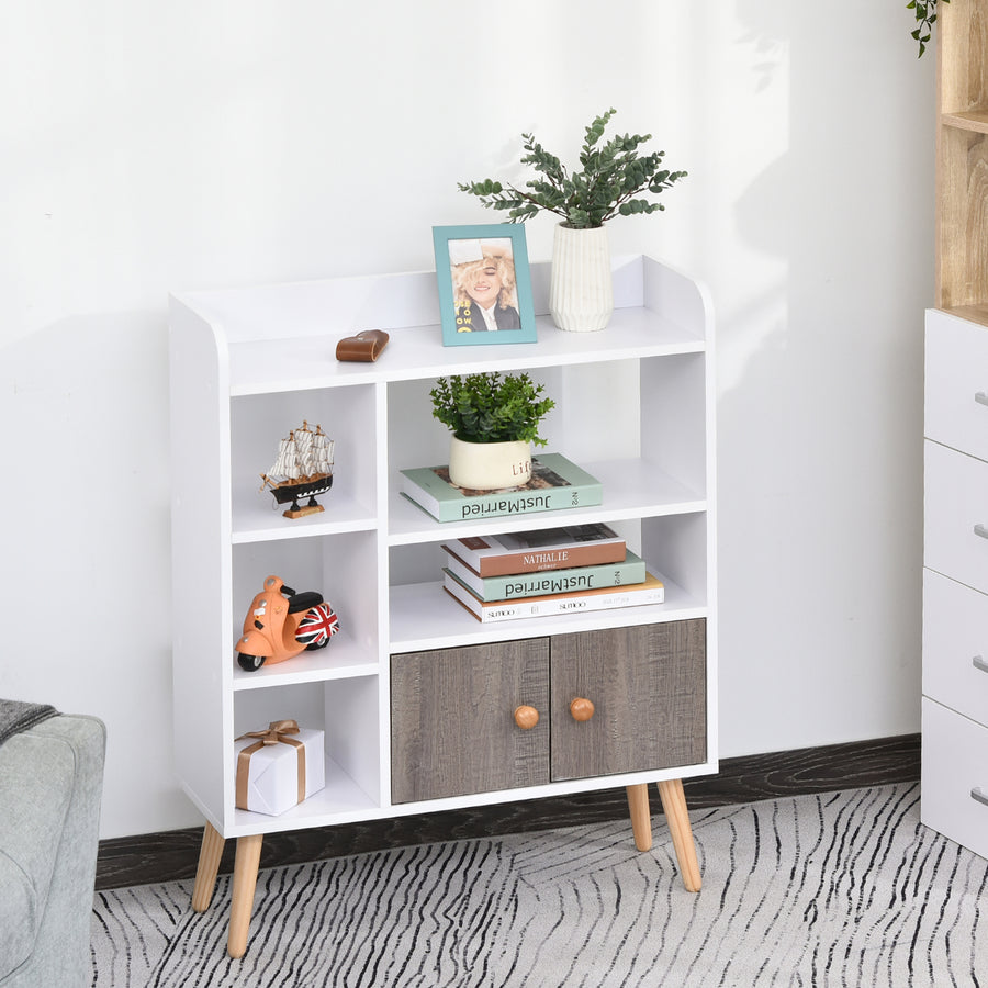 Bookcase, Freestanding Book Shelf with Storage Cabinet, 6 Shelves and Wood Legs for Home Office Display, White and Grey, 24D x 71.8W x 90.8H cm