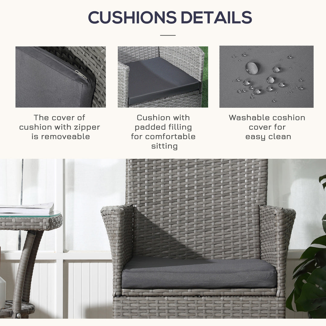 3 Pieces Rattan Bistro Set, Wicker Garden Furniture Set with 2-Tier Coffee Table and Chairs, Washable Cushions, for Outdoor Patio Balcony, Grey