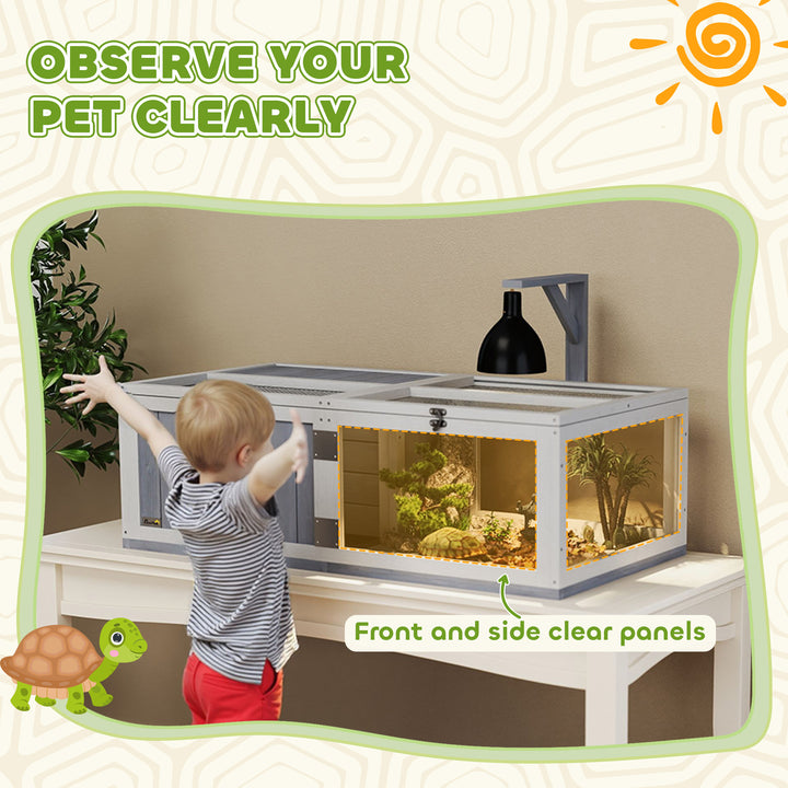 Wooden Tortoise House with Lamp Holder, Clear Windows, Openable Tops, Built-In Tray, Light Grey