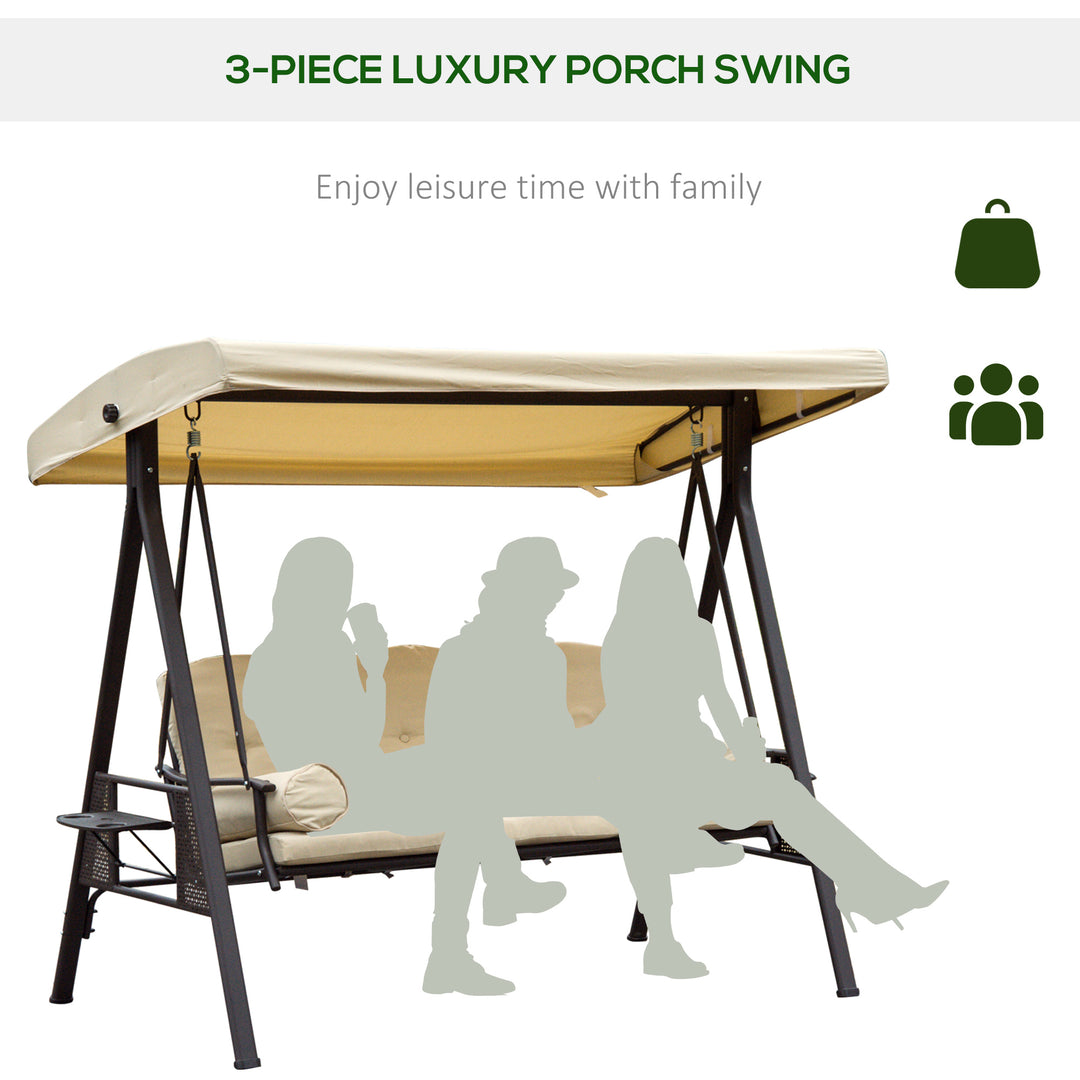 Outsunny Steel Swing Chair Hammock Garden 3 Seater Canopy Cushion Shelter Outdoor Bench Beige