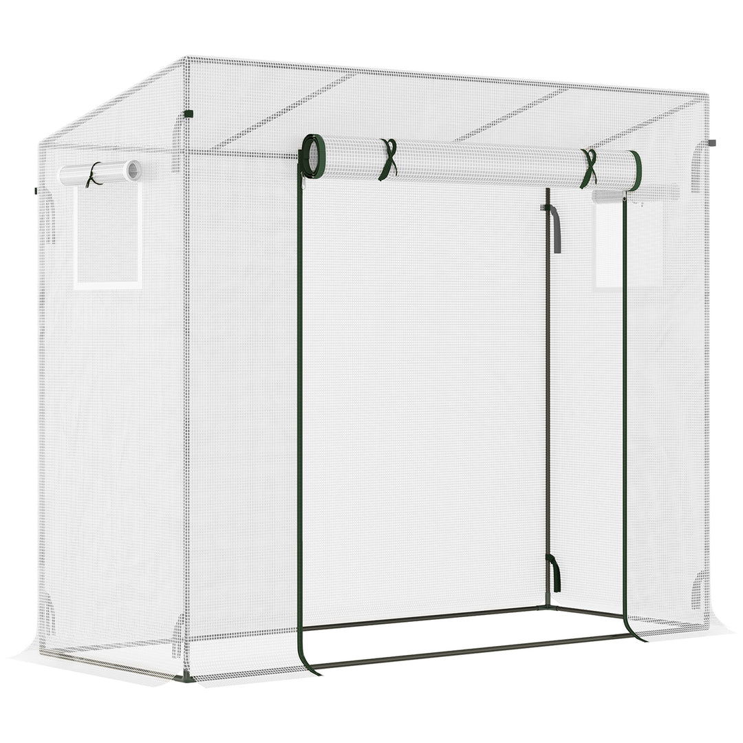 Small Walk-in Garden Greenhouse with Steel Frame, Large Roll-up Door and Windows, 200Lx76Wx168Hcm, White