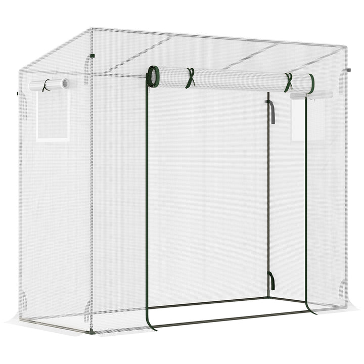 Small Walk-in Garden Greenhouse with Steel Frame, Large Roll-up Door and Windows, 200Lx76Wx168Hcm, White