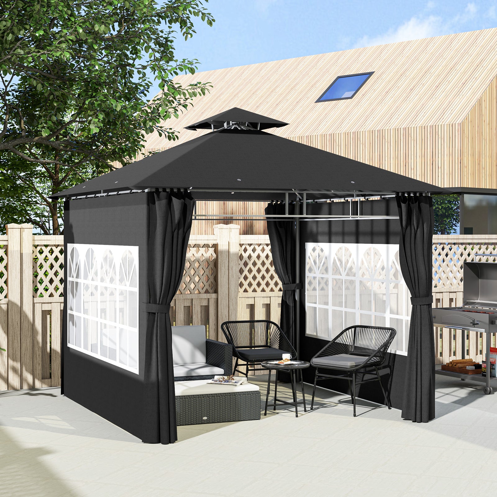 3 x 3 m Garden Gazebo, Double Roof Metal Gazebo with Removable Sidewalls and Church Windows, Outdoor Canopy Shelter, Black