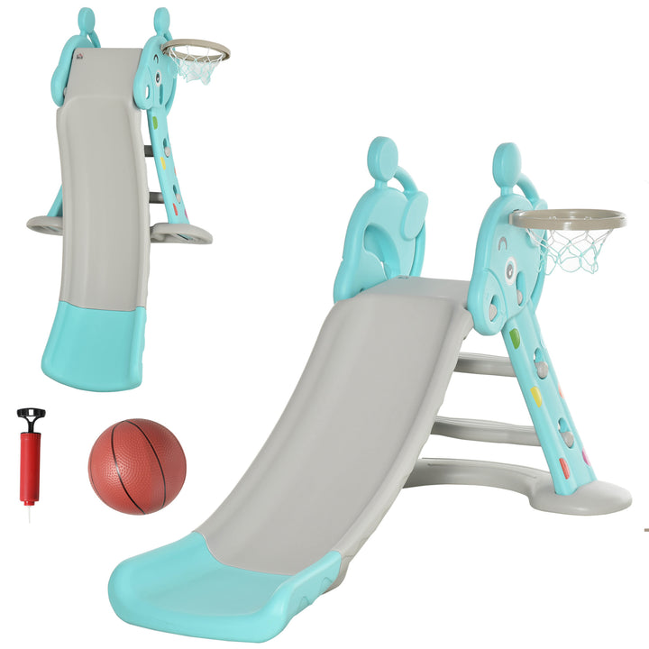 HOMCOM Kids 2 in 1 Slide with Basketball Hoop, Toddler Freestanding Slider Playset, 18 months - 4 Years - Deer Shaped, Blue | Aosom UK