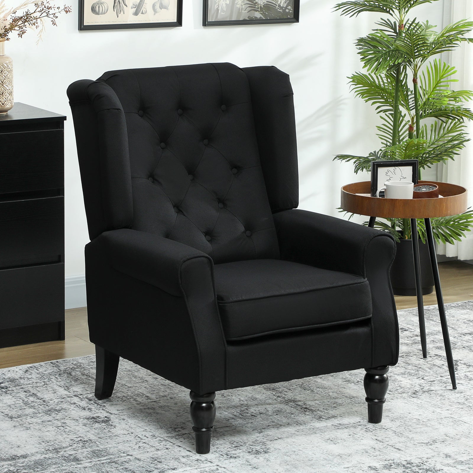 Retro Accent Chair, Linen Wingback Armchair with Wood Frame Button Tufted Design for Living Room Bedroom, Black