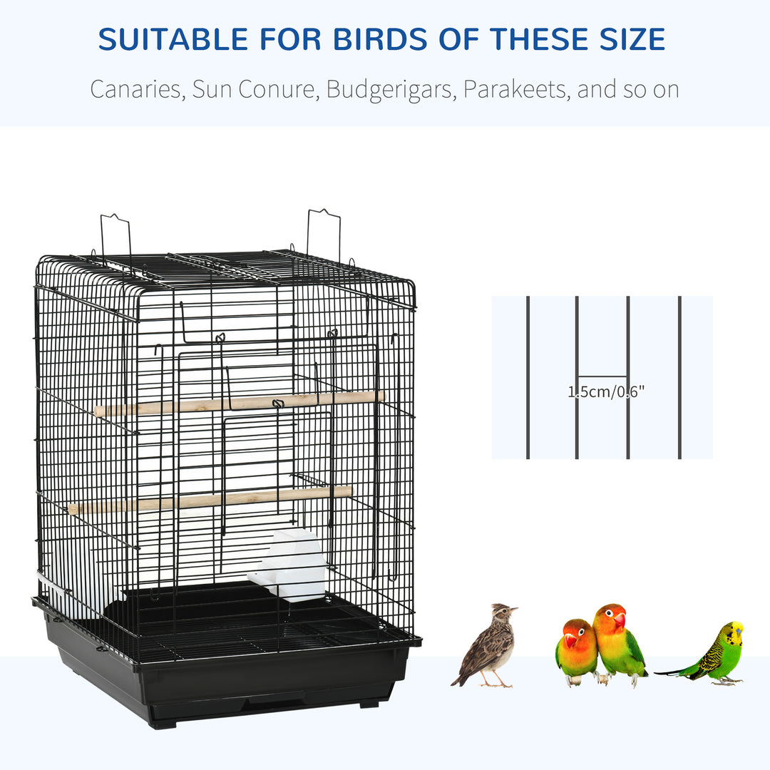 Steel Bird Cage with Openable Top, Stand, Tray, Handles, Feeding Bowls for Parakeet, Finch - Black