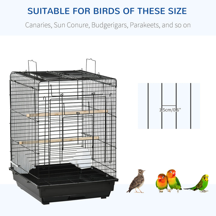 Steel Bird Cage with Openable Top, Stand, Tray, Handles, Feeding Bowls for Parakeet, Finch - Black