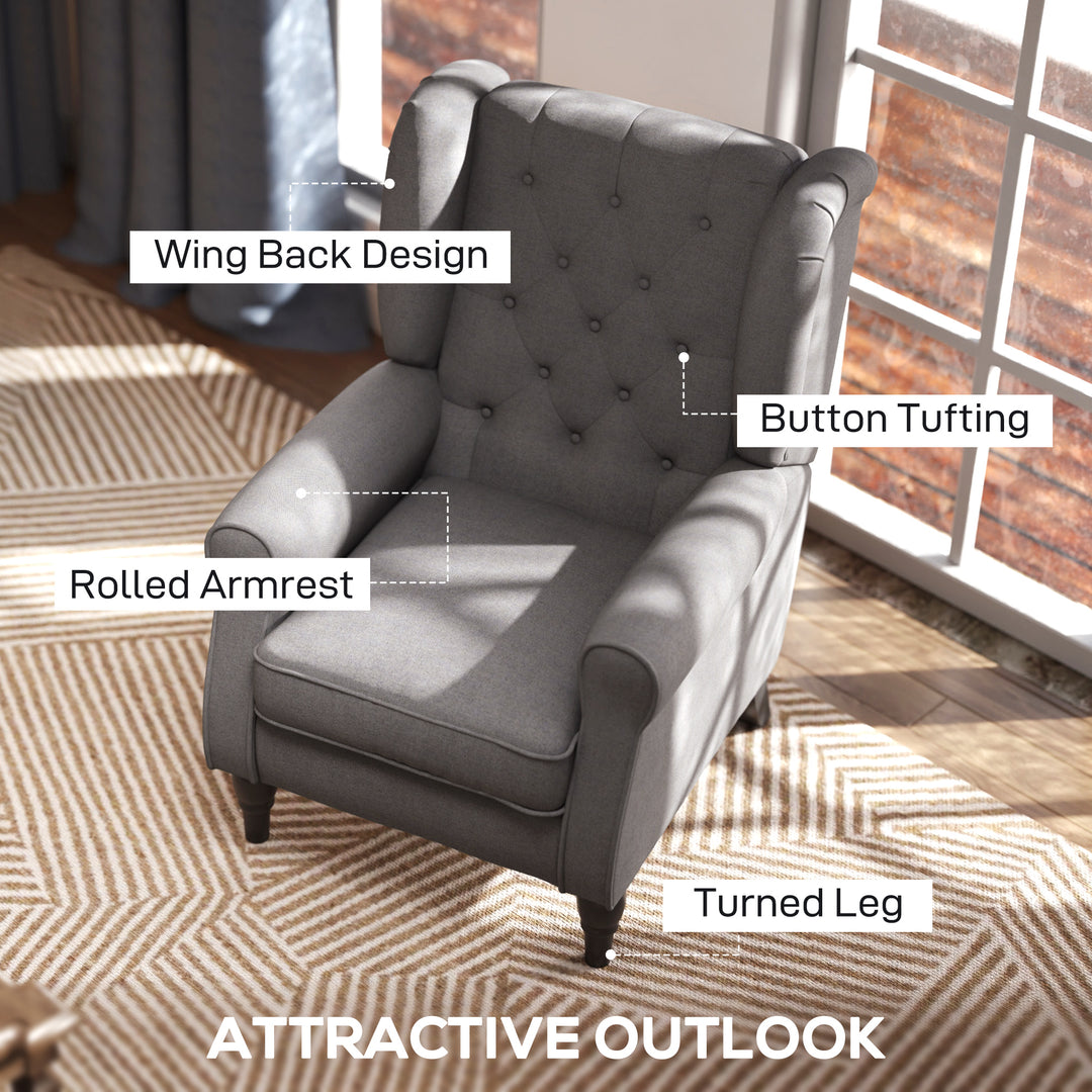 Retro Accent Chair, Linen Wingback Armchair with Wood Frame Button Tufted Design for Living Room Bedroom, Dark Grey