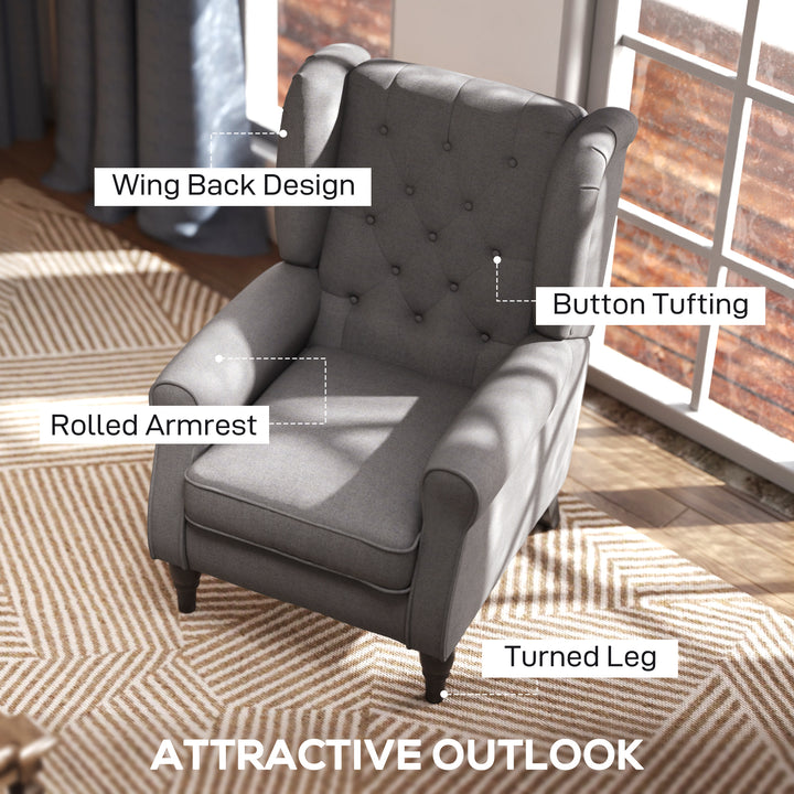 Retro Accent Chair, Linen Wingback Armchair with Wood Frame Button Tufted Design for Living Room Bedroom, Dark Grey