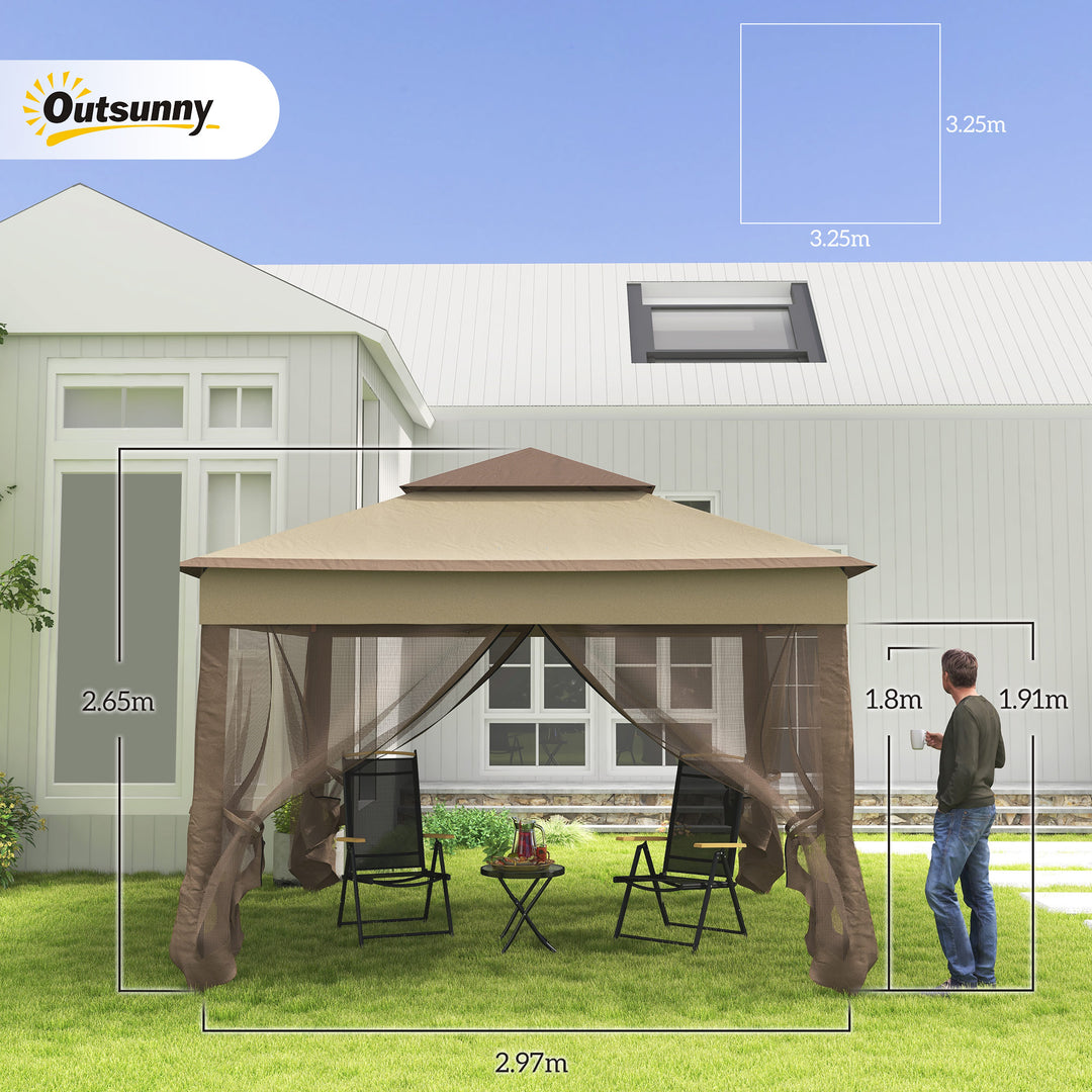 Outsunny 3 X 3(m) Meters Metal Gazebo Party Canopy Garden Pop Up Tent Outdoor Sun Shelter w/ Net Curtain Zipper Door - Khaki