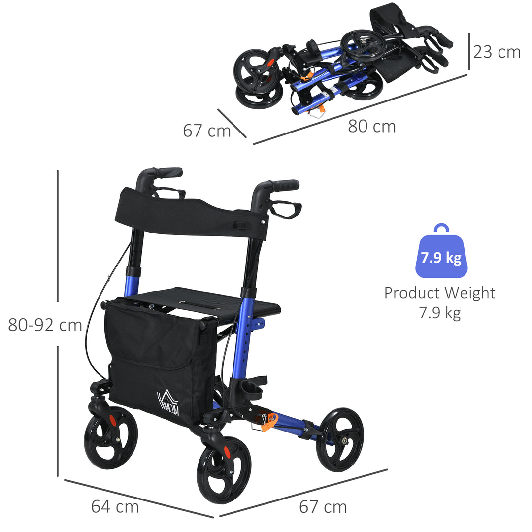 4 Wheel Rollator with Seat and Back, Folding Mobility Walker with Carry Bag, Adjustable Height, Dual Brakes, Cane Holder, Lightweight Aluminium Walking Frame for Seniors and Disabled, Blue