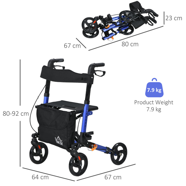 4 Wheel Rollator with Seat and Back, Folding Mobility Walker with Carry Bag, Adjustable Height, Dual Brakes, Cane Holder, Lightweight Aluminium Walking Frame for Seniors and Disabled, Blue