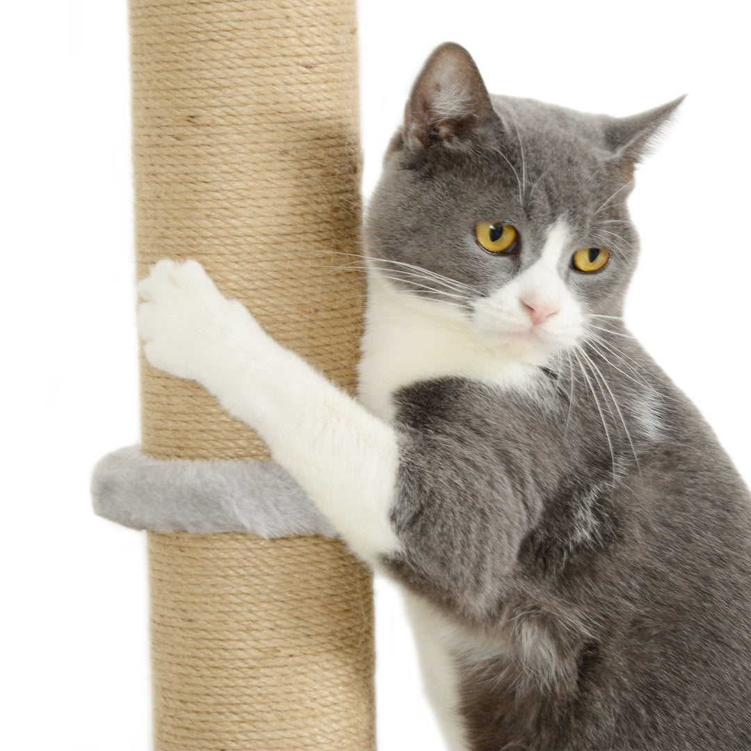 4-Piece Cat Shelves w/ Scratching Post, Steps, Jumping Platform, Ladder, Toy Balls, for Indoor Cats, Light Grey