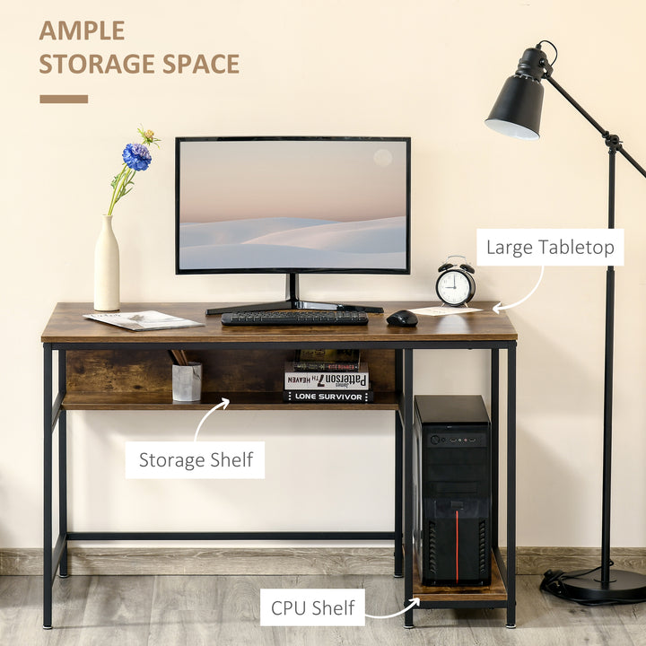 Computer Desk with Storage, 120 x 60cm Home Office Desk with 2 Shelves and Steel Frame, Writing Table for Living Room, Study, Rustic Brown