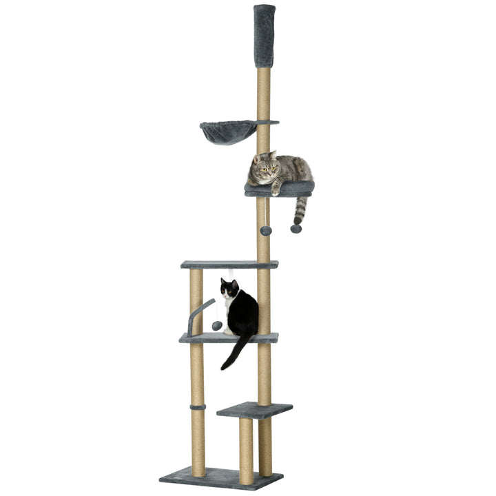 PawHut Floor to Ceiling Cat Tree, 6-Tier Climbing Activity Centre with Scratching Post, Hammock, Adjustable Height 230-250cm, Grey | Aosom UK