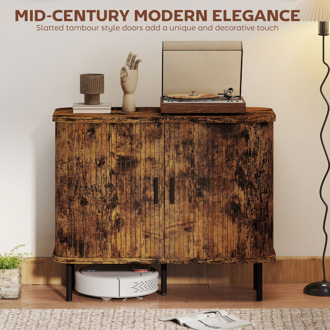 Mid-Century Modern Sideboard Storage Cabinet with Slatted Tambour Sliding Doors, Kitchen Cabinet with Steel Legs, Rustic Brown