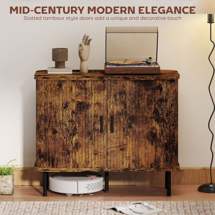 Mid-Century Modern Sideboard Storage Cabinet with Slatted Tambour Sliding Doors, Kitchen Cabinet with Steel Legs, Rustic Brown