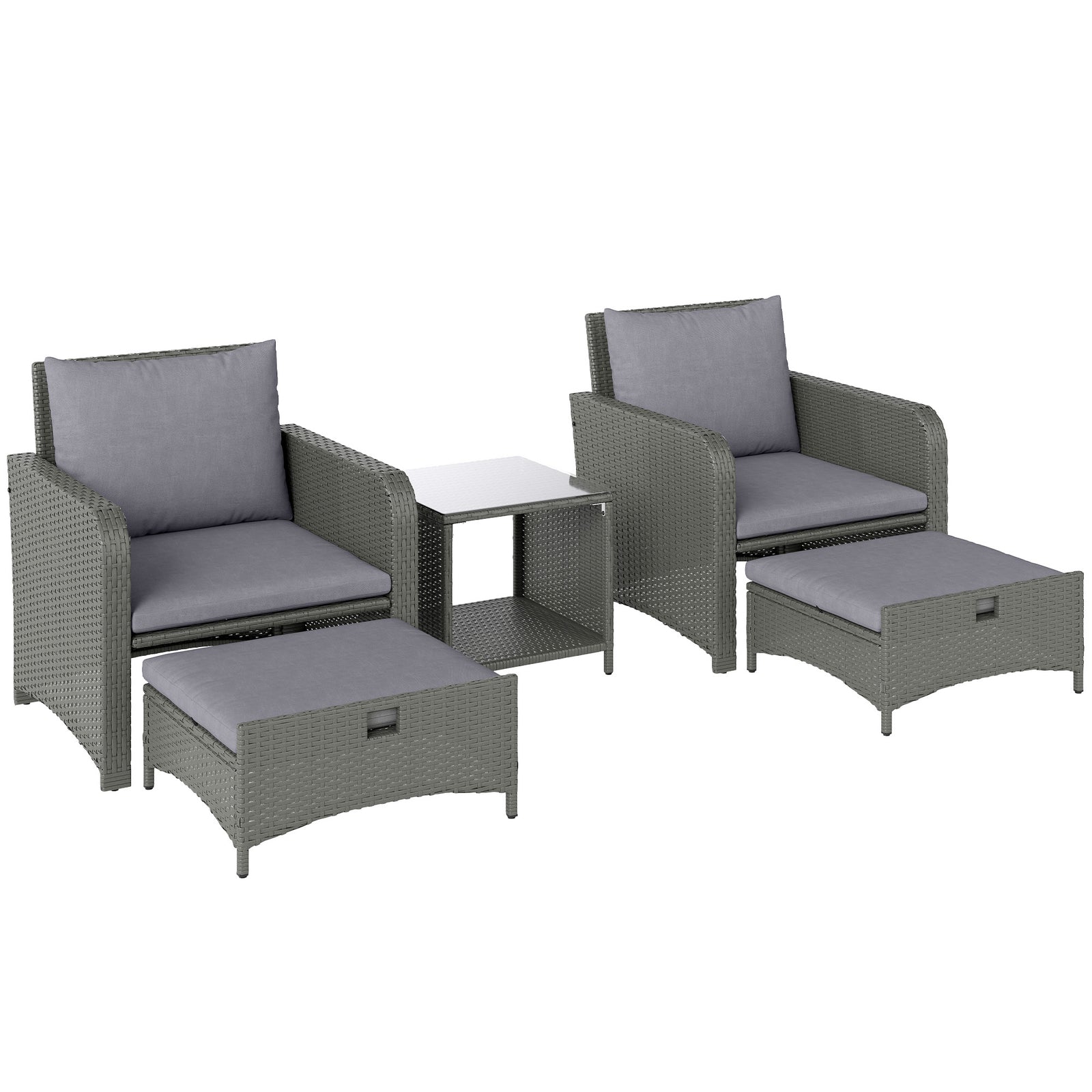 Five Piece Rattan Garden Furniture Set with 2-Tier Coffee Table and Ottomans - Grey
