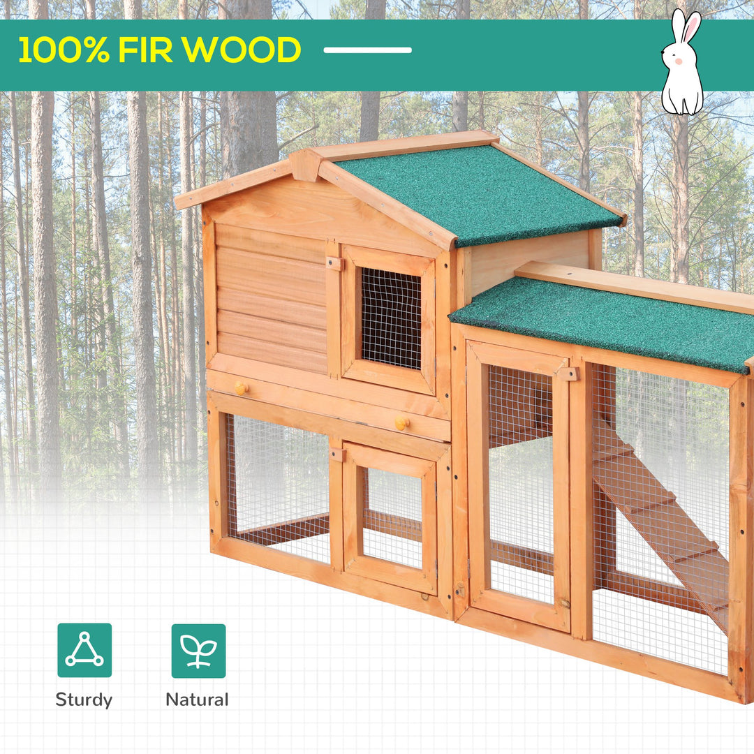 Rabbit 2 Tier Fir Wood Small Animal Hutch Guinea Pigs Hutches w/ Ramp Brown