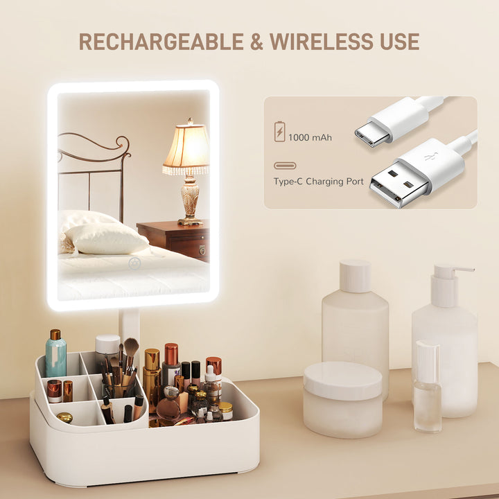 Makeup Mirror with Lights, Rechargeable Vanity Mirror w/ Touch Screen, 2 Lighting Modes and 180° Rotation