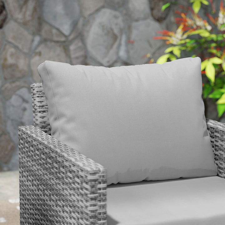 3 Pieces Rattan Bistro Set with 4 Cushions, Wicker Garden Furniture Set, Glass Top Coffee Table and Chairs for Outdoor Patio, Balcony, Terrace and Conservatory, Grey