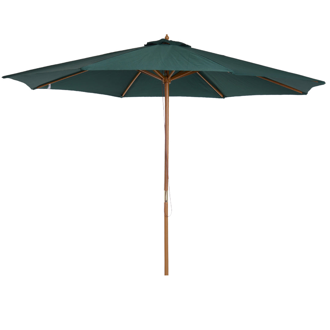 3(m) Wooden Patio Umbrella, Pulley Operated Garden Parasol with Rope Pulley Mechanism and 8 Ribs, Dark Green