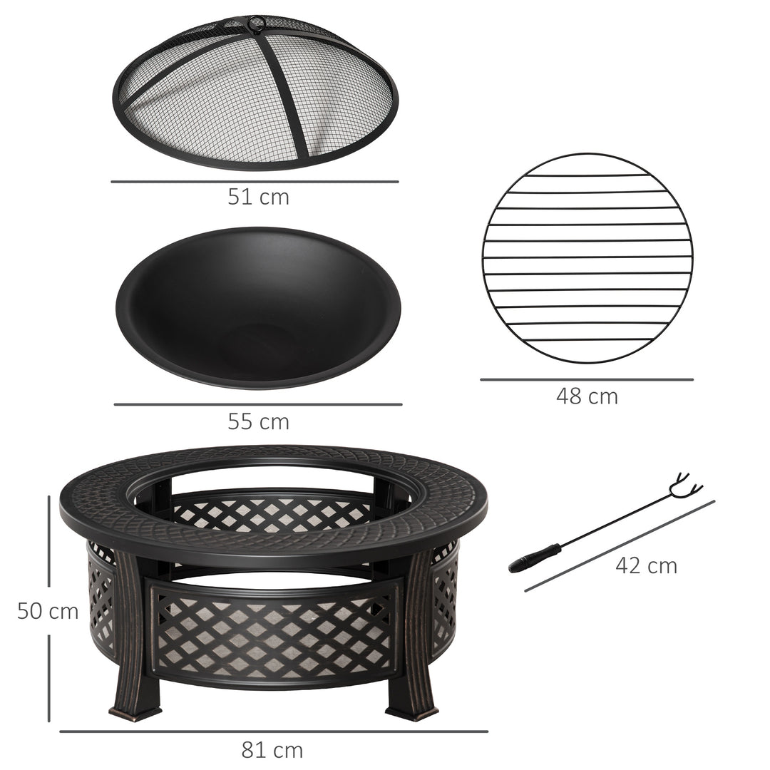Outdoor Fire Pit, Firepit with Grill Net, Mesh Lid, Poker, for Camping