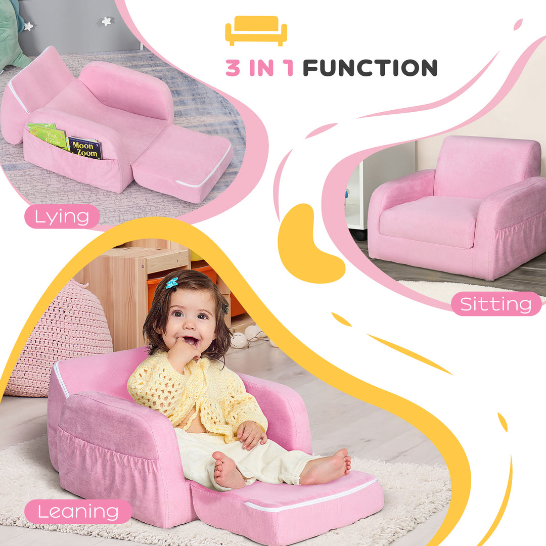 HOMCOM Kids 2 In 1 Armchair Sofa Bed, Fold Out, Padded Wood Frame, Bedroom Furniture, Pink | Aosom UK