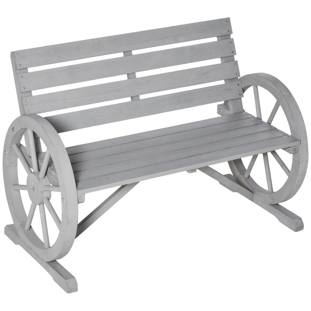 MCL Wooden Cart Wagon Wheel 2 Seater Garden Bench Outdoor Garden Armrest Chair Rustic High Back Loveseat Grey