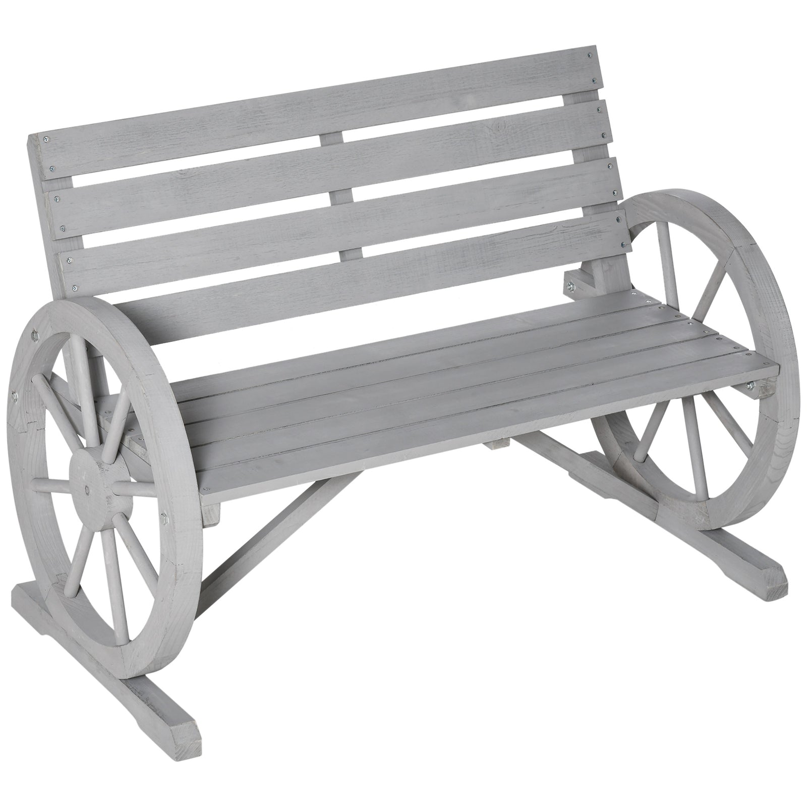 Wooden Cart Wagon Wheel 2 Seater Garden Bench Outdoor Garden Armrest Chair Rustic High Back Loveseat Grey