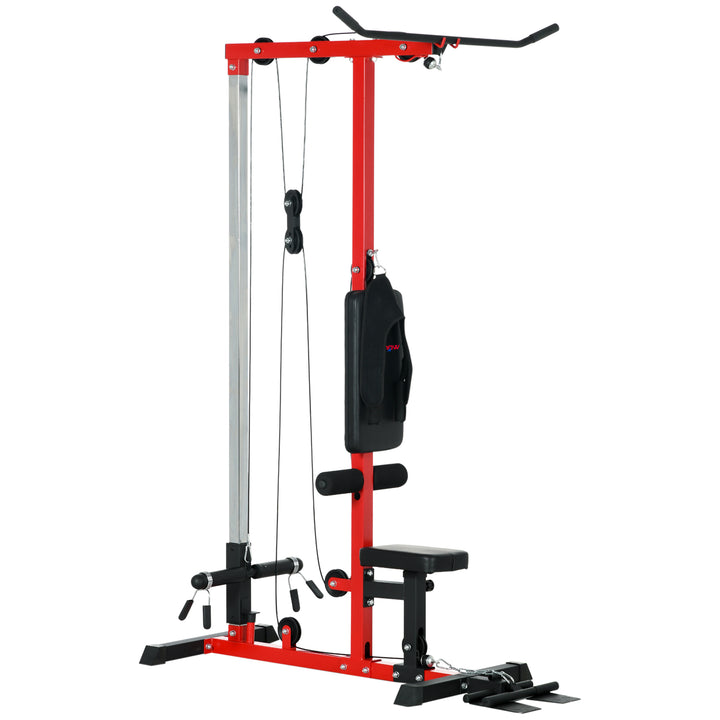 SPORTNOW Pull Up Station with Adjustable Seat, Power Tower for Chin up  and Lat Pulldown Exercises, Multi-Function Fitness Equipment with Flip-Up Footplate, for Home Gym, Red