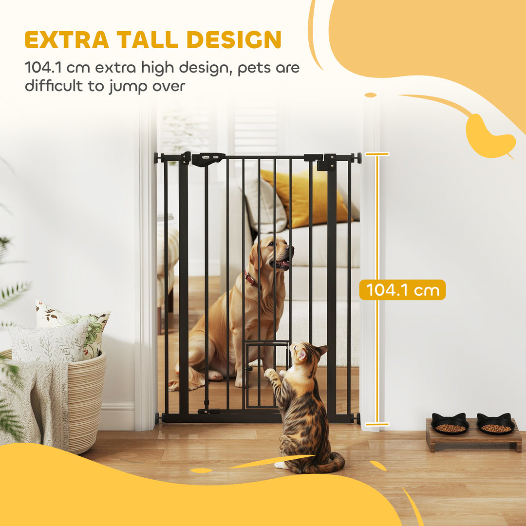 MCL Extra Tall Pet Gate, Indoor Dog Safety Gate, with Cat Flap, Auto Close, 74-80cm Wide - Black