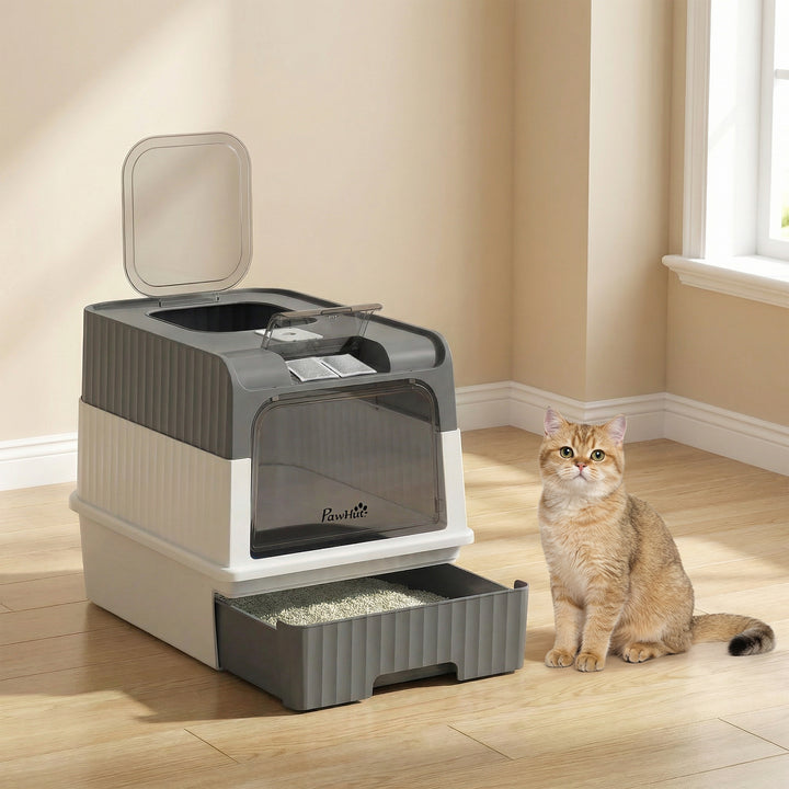 Enclosed Cat Litter Box with Lid, Pull-Out Drawer Tray, Scoop, 4 Deodo