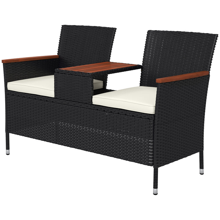 Outsunny Two-Seat Rattan Loveseat, with Wood-Top Middle Table - Black | Aosom UK