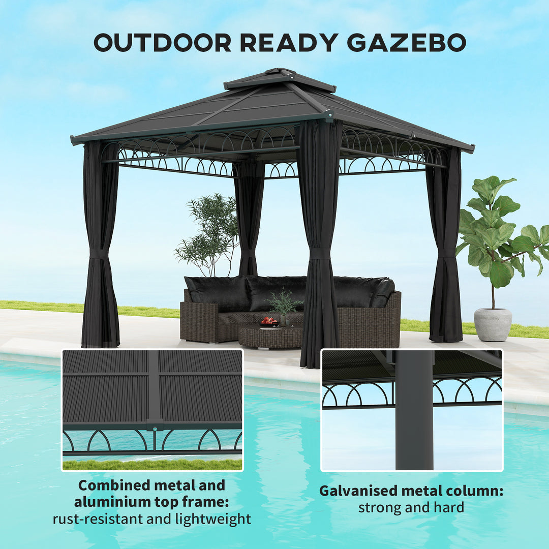3 x 3 (m) Outdoor Polycarbonate Gazebo, Double Roof Hard Top Gazebo with Galvanised Steel Frame, Nettings & Curtains for Garden, Lawn, Patio and Deck, Dark Grey