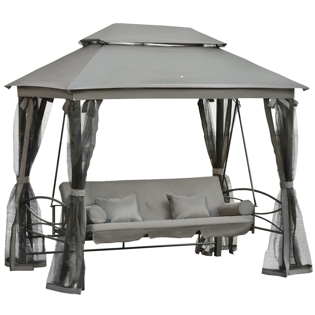 3 Seater Swing Chair 3-in-1 Convertible Garden Swing Seat Bed Gazebo Patio Bench Outdoor with Double Tier Canopy, Cushioned Seat, Mesh Sidewalls, Grey