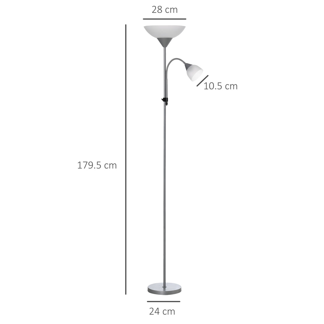 LED Floor Lamp for Living Room, 180cm Tall Standing Lamp, Mother and Child Uplighter with Adjustable Gooseneck, Silver Tone