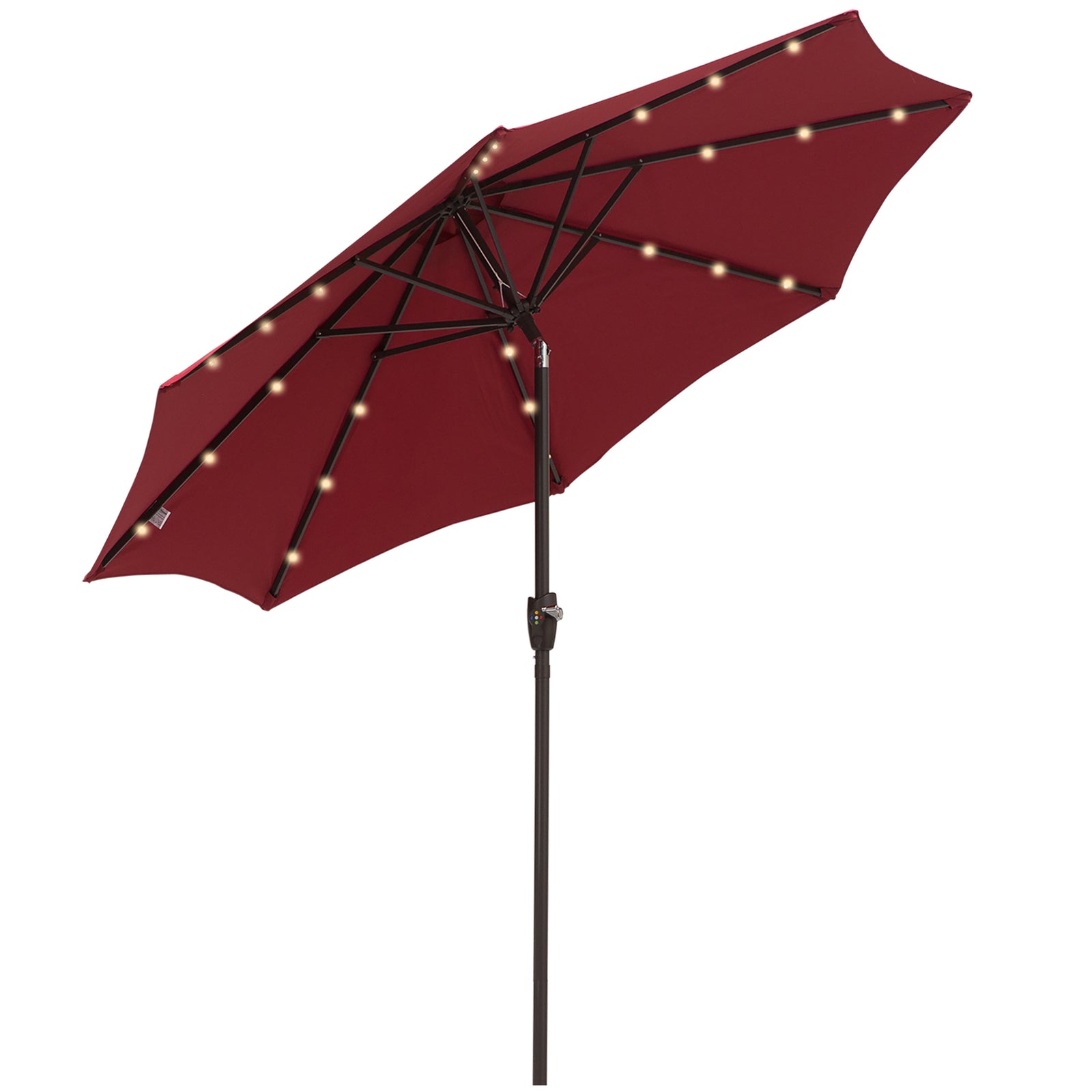 Φ2.7m Garden 24 LED Light Parasol Solar Outdoor Tilt Sun Umbrella Patio Club Party Event Manual Sun Shade w/ Hand Crank and 8 Ribs, Red