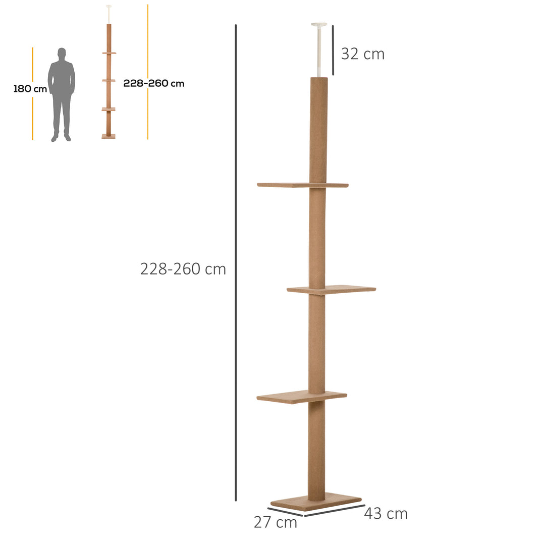 PawHut Floor to Ceiling Cat Tree, 260cm Tall with 3 Perches and Flannel Upholstery, Activity & Rest Tower, Brown | Aosom UK