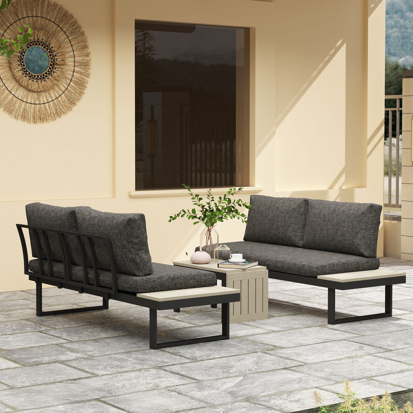 4 Seater L Shaped Aluminium Sectional Garden Furniture Set with 2 Loveseats and Wood-Plastic Coffee Table - Dark Grey