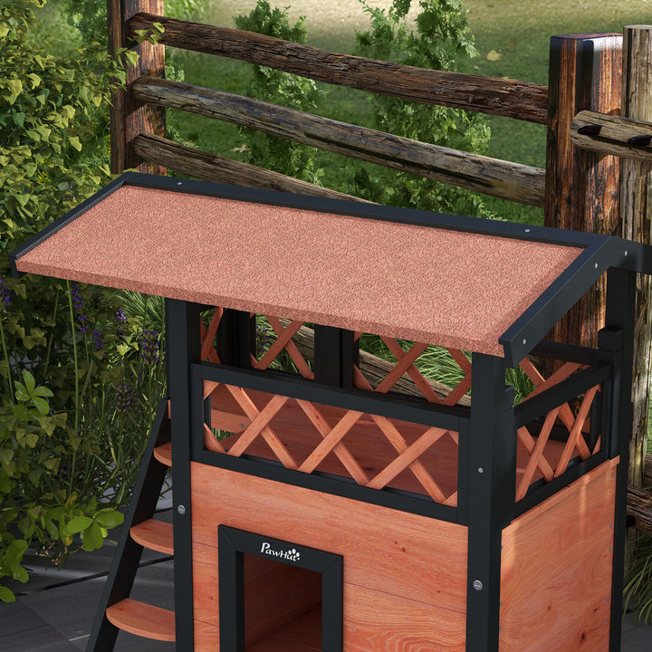 PawHut Cat House Outdoor w/ Balcony Stairs Roof, 77 x 50 x 73 cm, Brown | Aosom UK