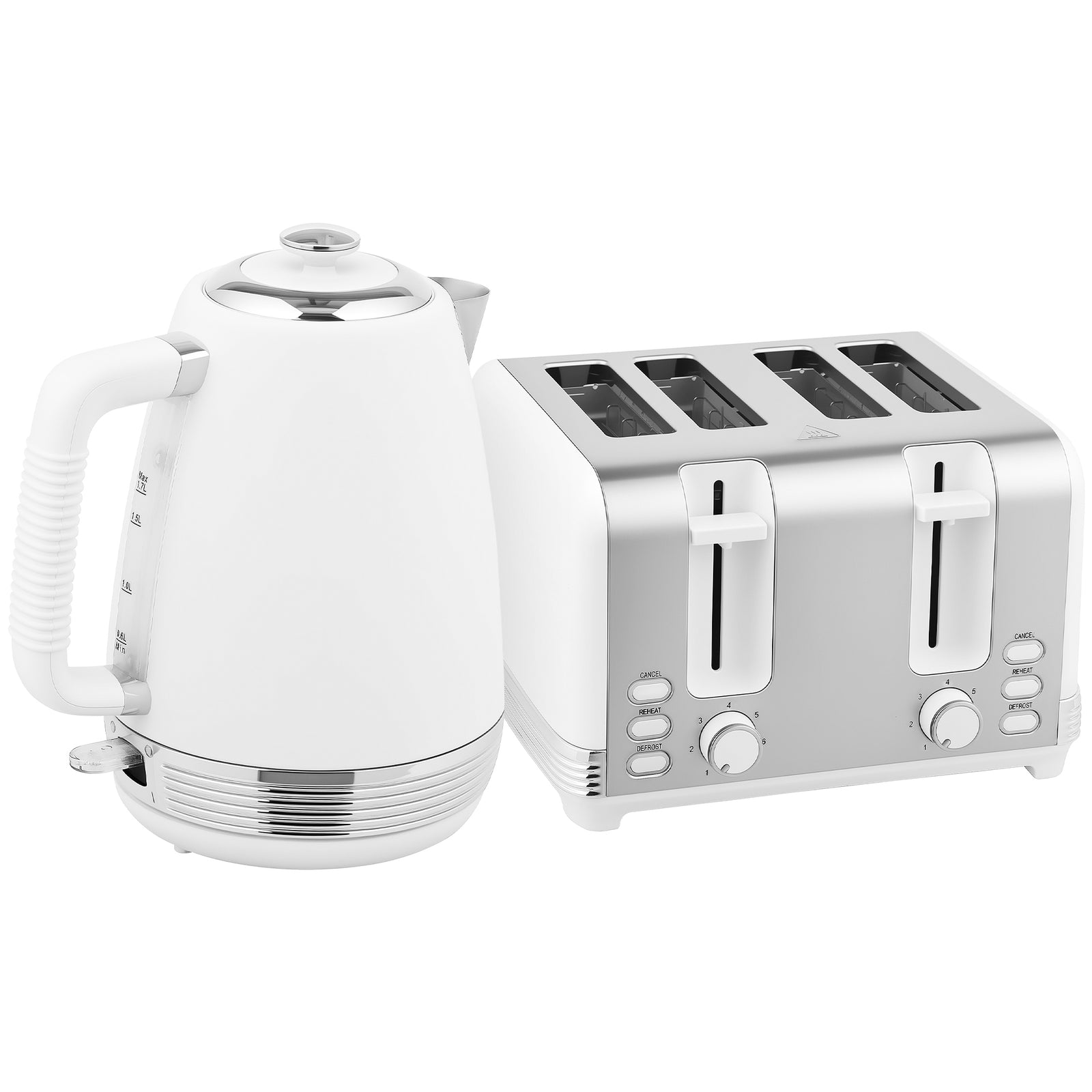 Stainless Steel Kettle and Toaster Set, 1.7L 3000W Rapid Boil Jug Kettle with UK Strix Thermostat, Limescale Filter, 4 Slice Toaster with 7 Browning Controls, Crumb Tray, White and Silver Tone