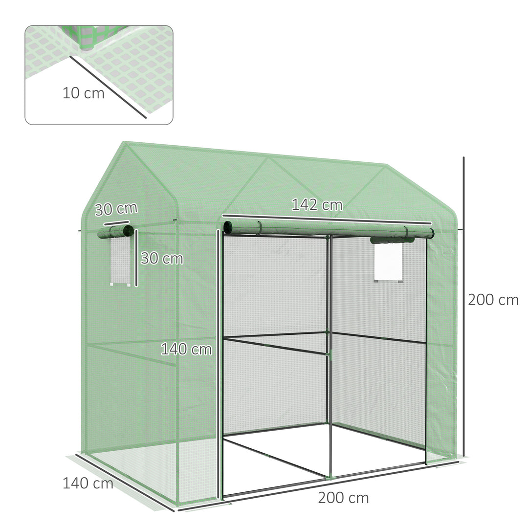 Greenhouse, Walk-in Garden Grow House with Roll-up Door and Mesh Windows, 200 x 140 x 200cm, Green