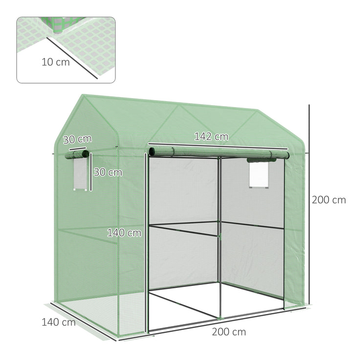 Greenhouse, Walk-in Garden Grow House with Roll-up Door and Mesh Windows, 200 x 140 x 200cm, Green