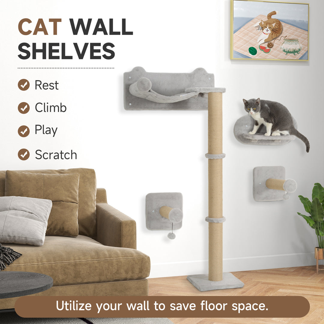 4-Piece Cat Shelves w/ Scratching Post, Steps, Jumping Platform, Ladder, Toy Balls, for Indoor Cats, Light Grey
