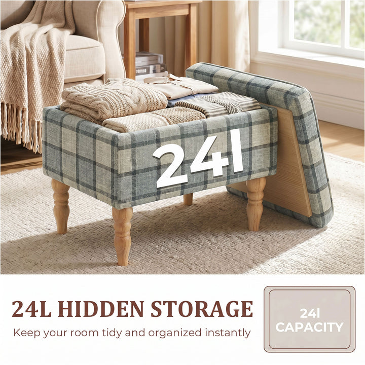 Linen Fabric Upholstered Footstool, Rectangular Storage Stool with Rem