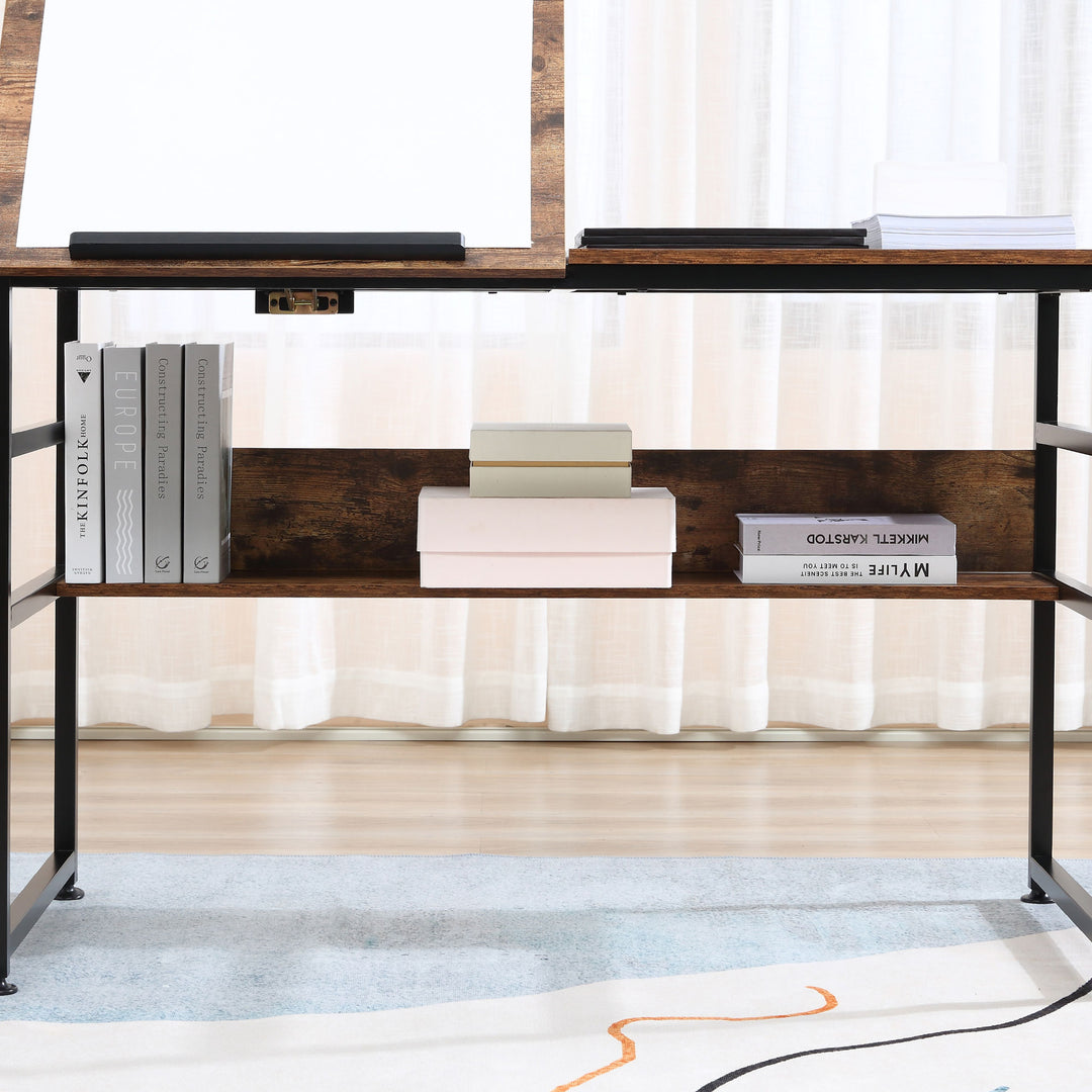 MCL Adjustable Drafting Table Art Desk Drawing Table, Craft Desk Workstation for Painting, Multifunctional Writing Desk w/ 15-Level Tiltable Tabletop and Storage Shelf, Home Office, Rustic Brown